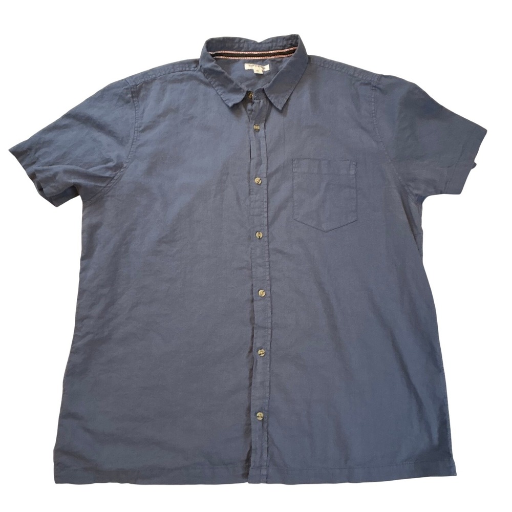 SUN + STONE Mens Short Sleeve Button Up Shirt Blue Linen‎ Blend XXL Casual Beach
